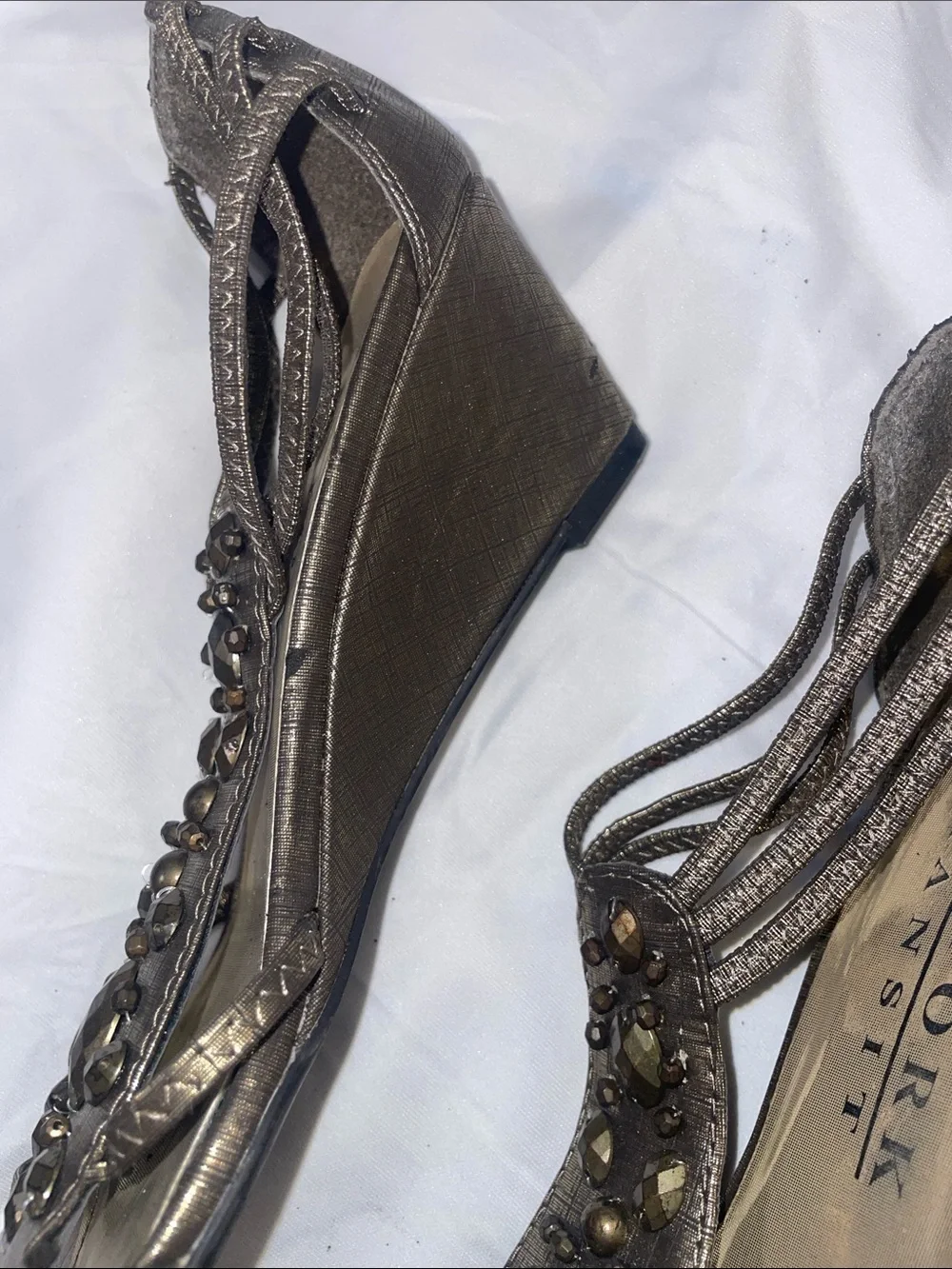 New York Transit Bronze Jeweled Strappy Wedge Sandals